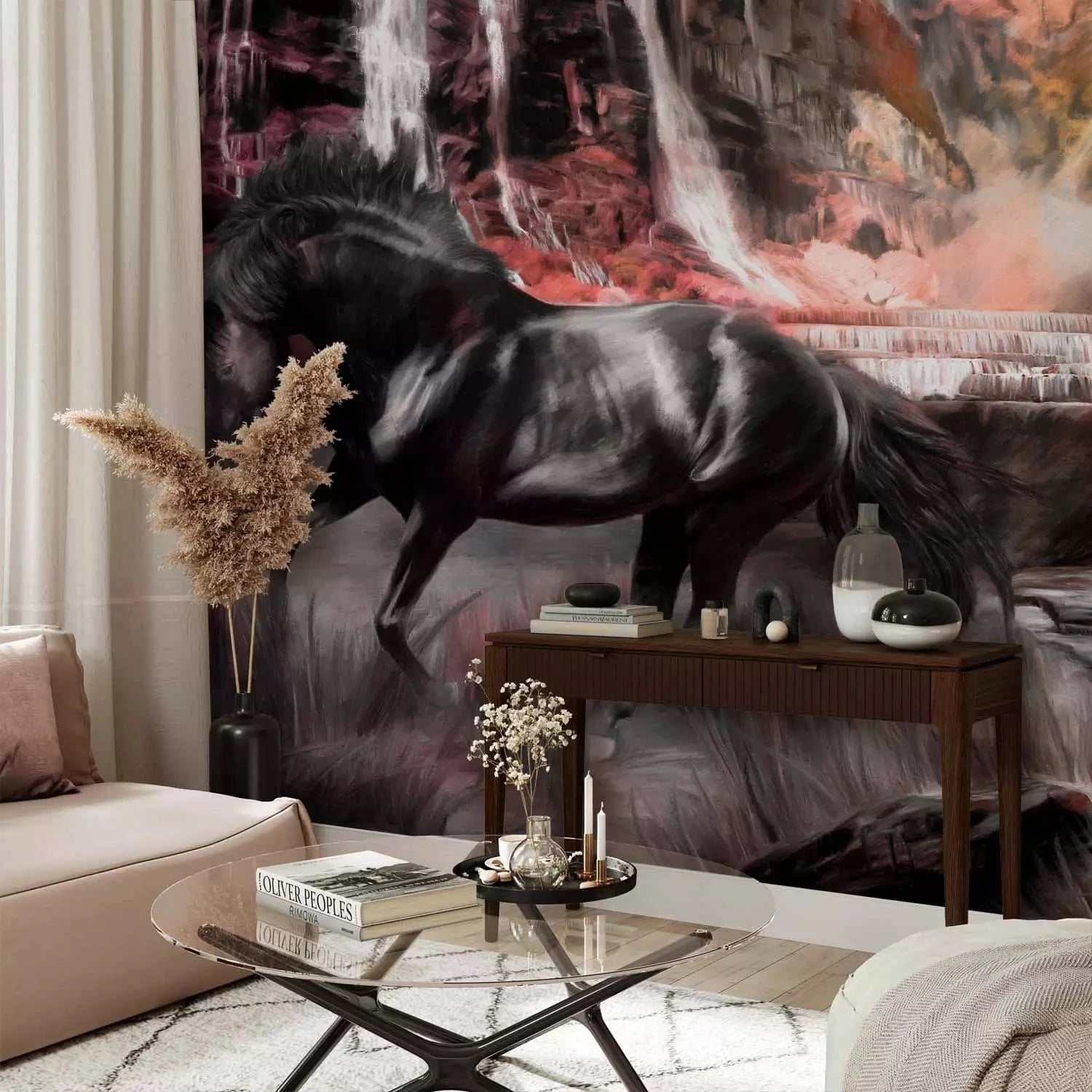 Fototapetes ar zirgu - Melns zirgs pie ūdenskrituma - pirkt G-ART