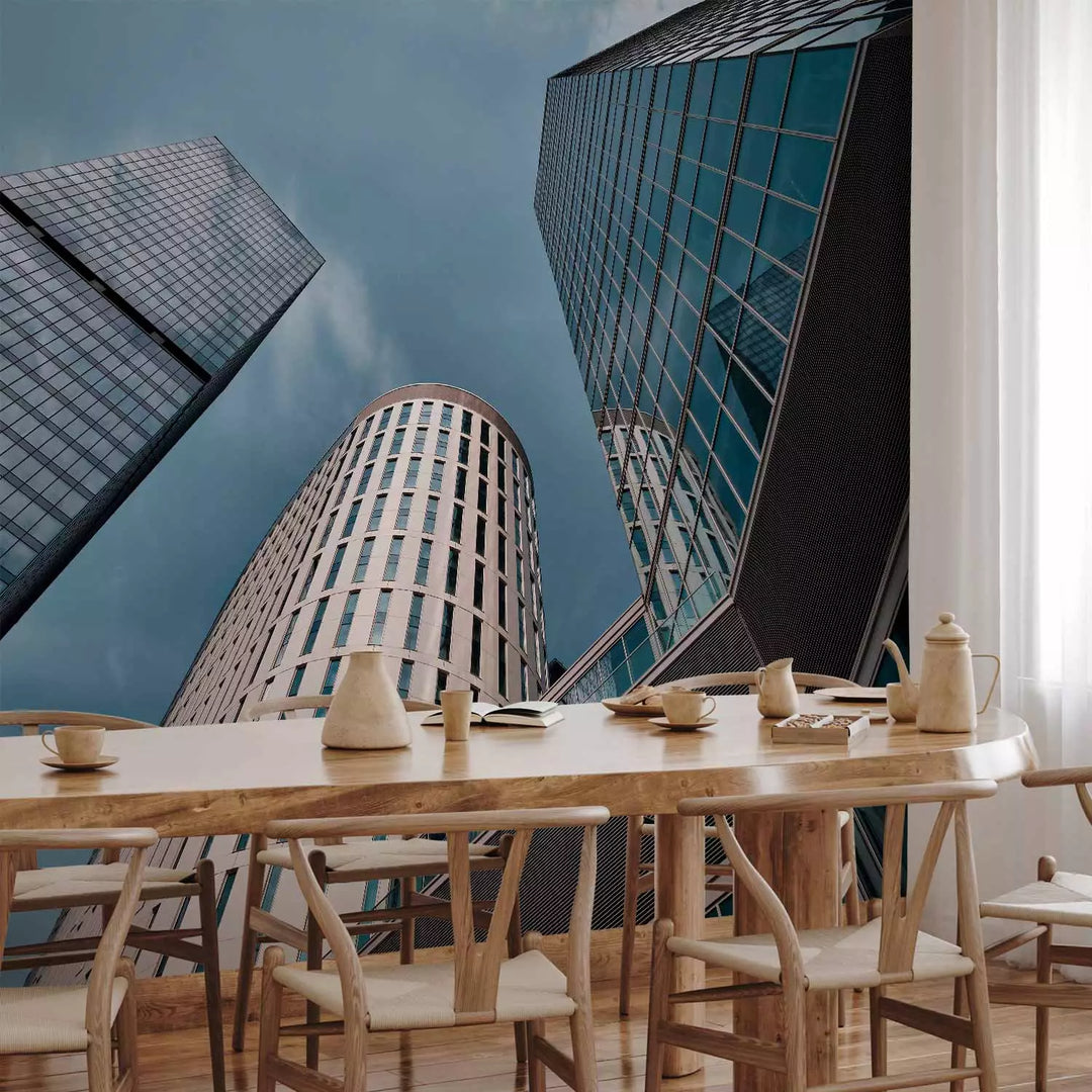 Fototapetes mūsdienīgai guļamistabai - Augstas stiklotas ēkas, zilā G-ART