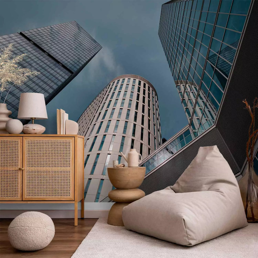 Fototapetes mūsdienīgai guļamistabai - Augstas stiklotas ēkas, zilā G-ART