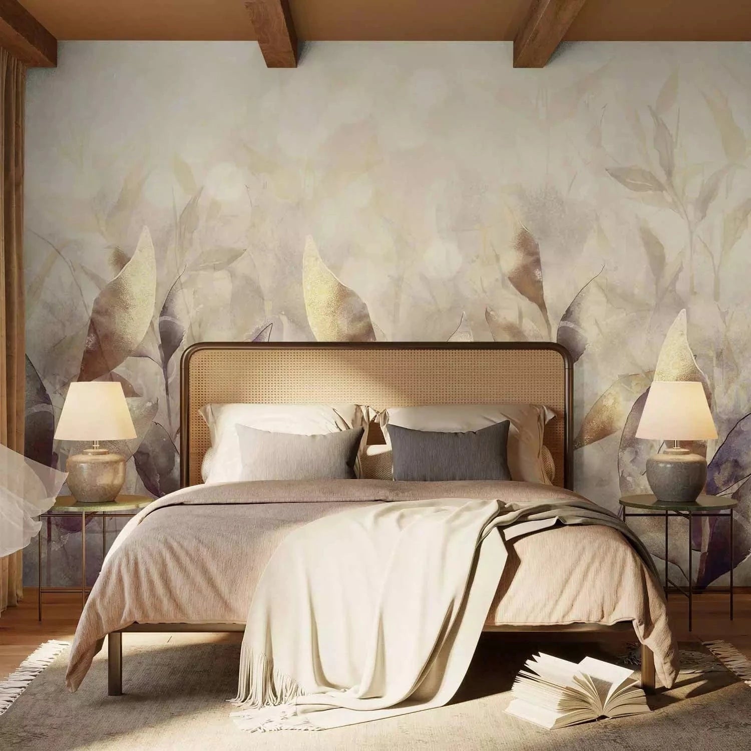 Fototapetes - augu kompozīcija ar zelta spīdumu uz lapām - bēša/zelta G-ART