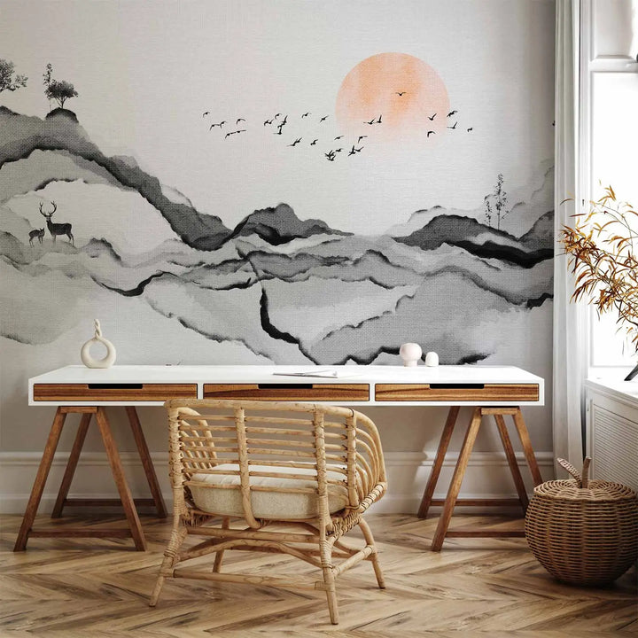 Wall murals - Oriental peace and minimalism: Ink painting nature landscape, 145355