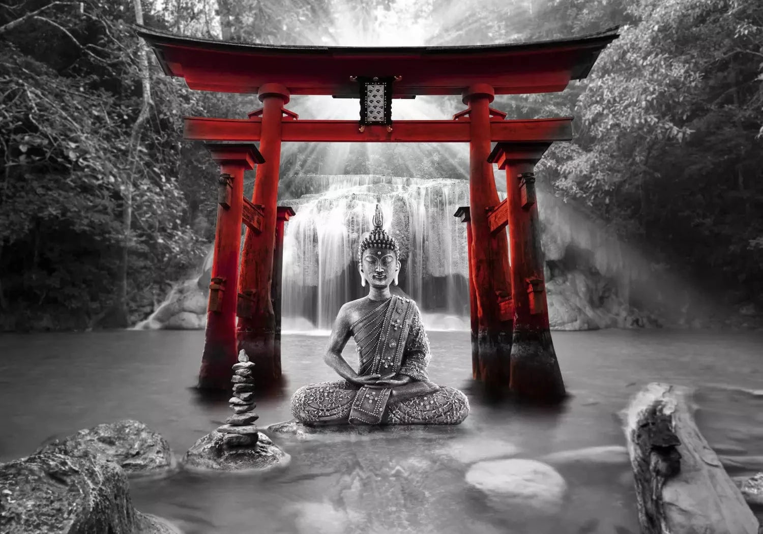 Fototapetes austrumu stilā - Budas smaids (pelēkā un sarkanā krāsā) G-ART