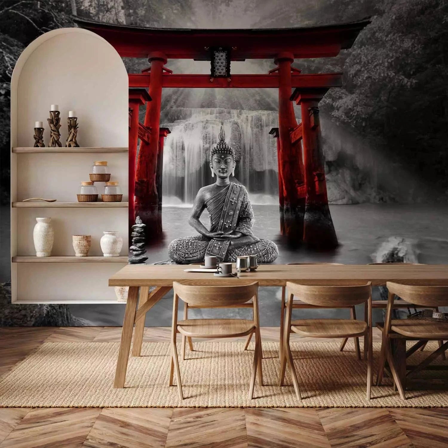 Fototapetes austrumu stilā - Budas smaids (pelēkā un sarkanā krāsā) G-ART