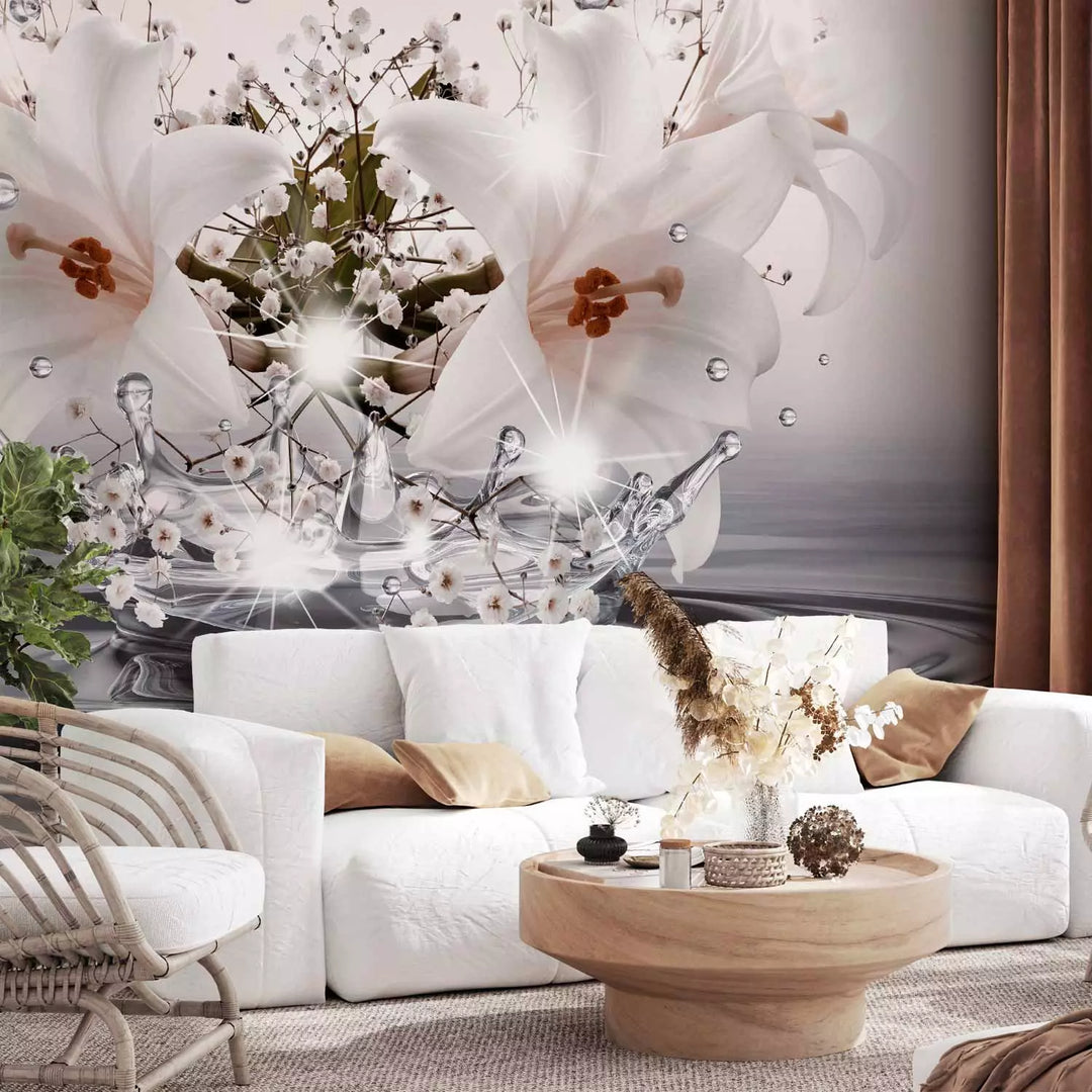 Fototapetes - baltas lilijas uz ūdens virsmas, pelēkos toņos G-ART