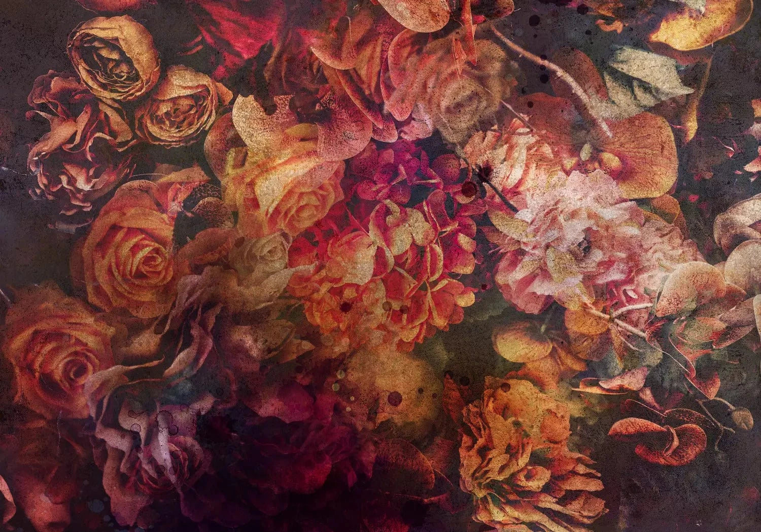 Fototapetes - baroka motīvs ar dažādām puķēm retro stilā - sarkanā G-ART