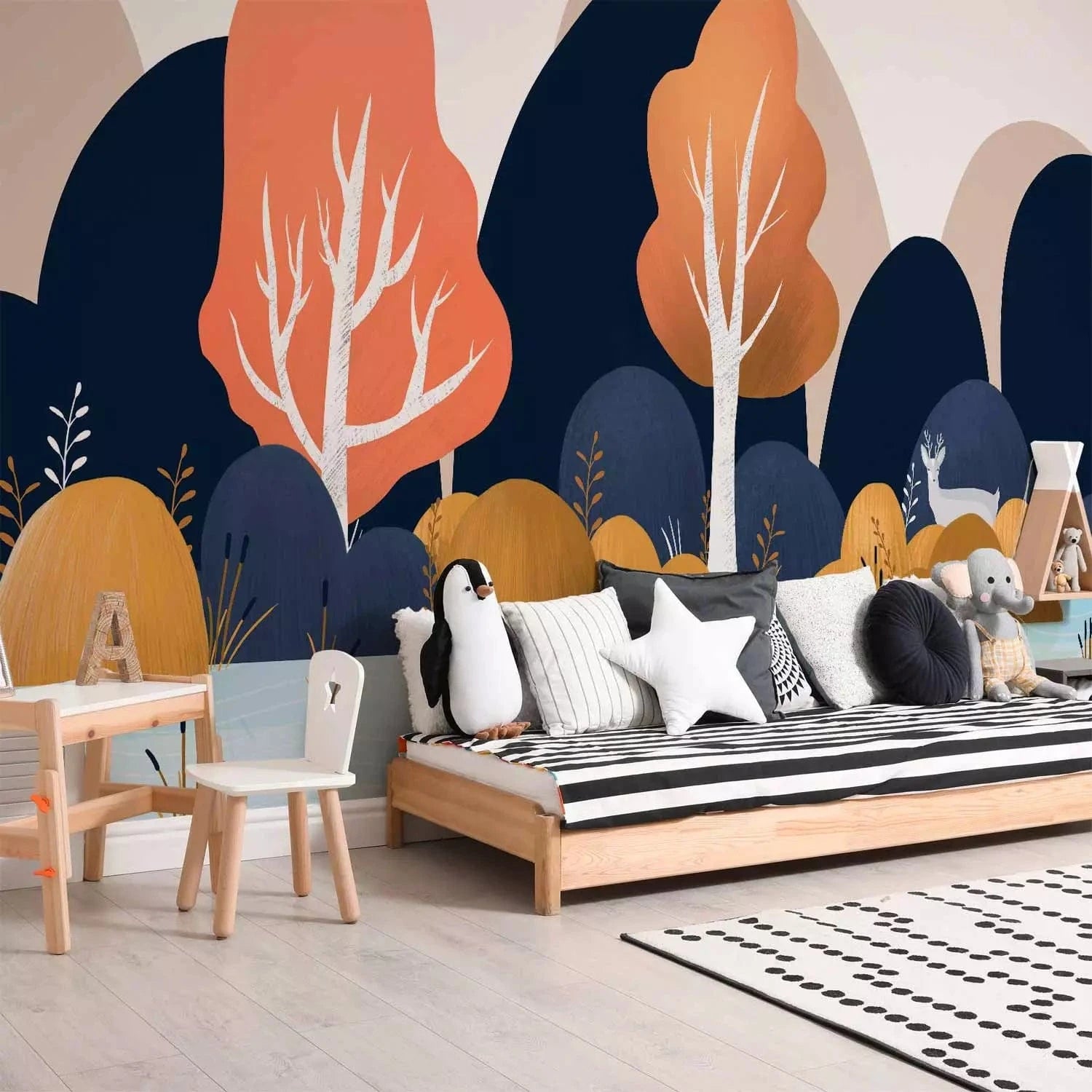 Fototapetes bērniem - Ainava ar dzīvnieku un kalniem, brūnā/zilā G-ART