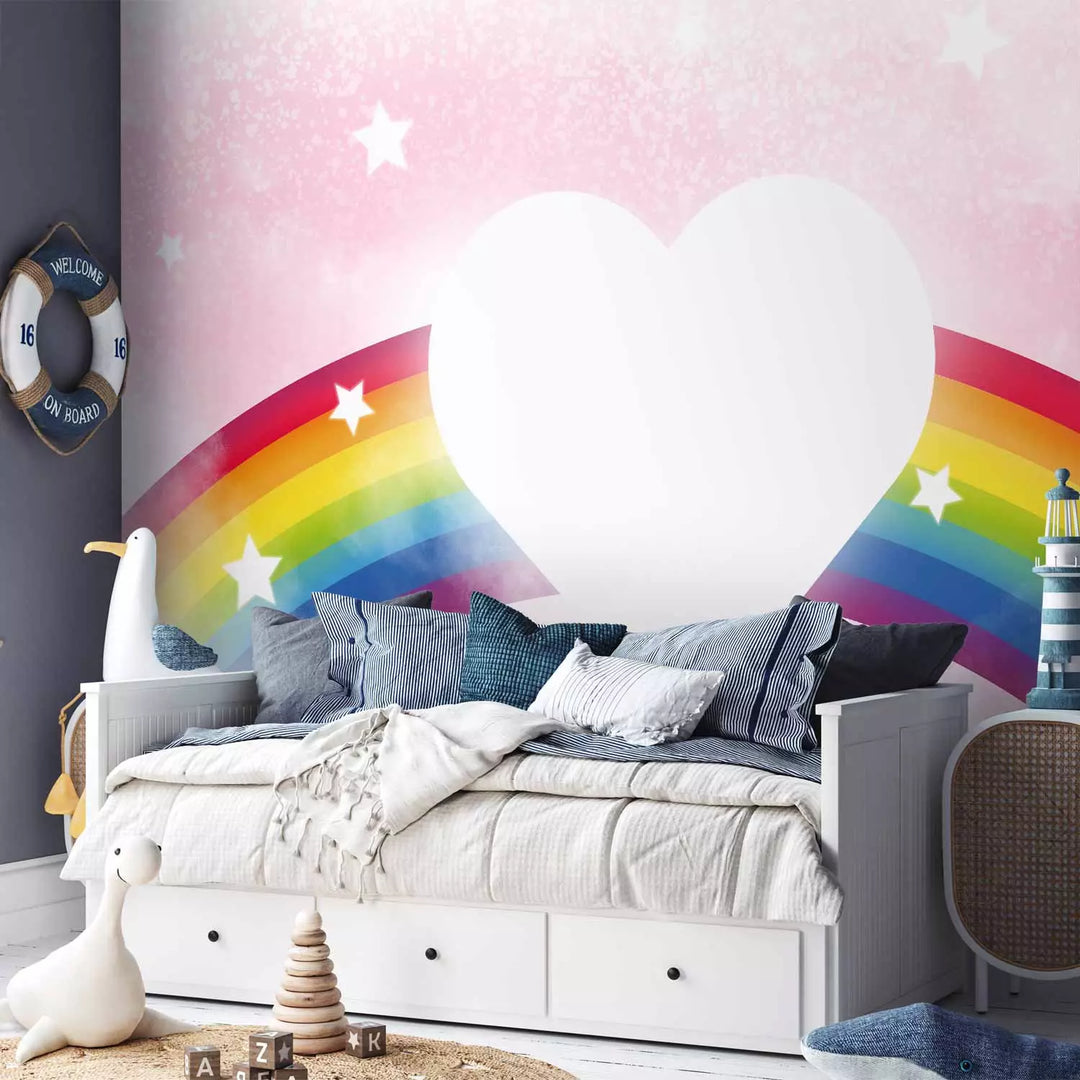 Fototapetes bērnu istabai - Sirds un krāsaina varavīksne mākoņos G-ART