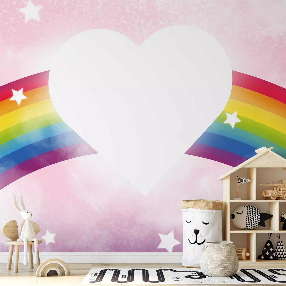 Fototapetes bērnu istabai - Sirds un krāsaina varavīksne mākoņos G-ART