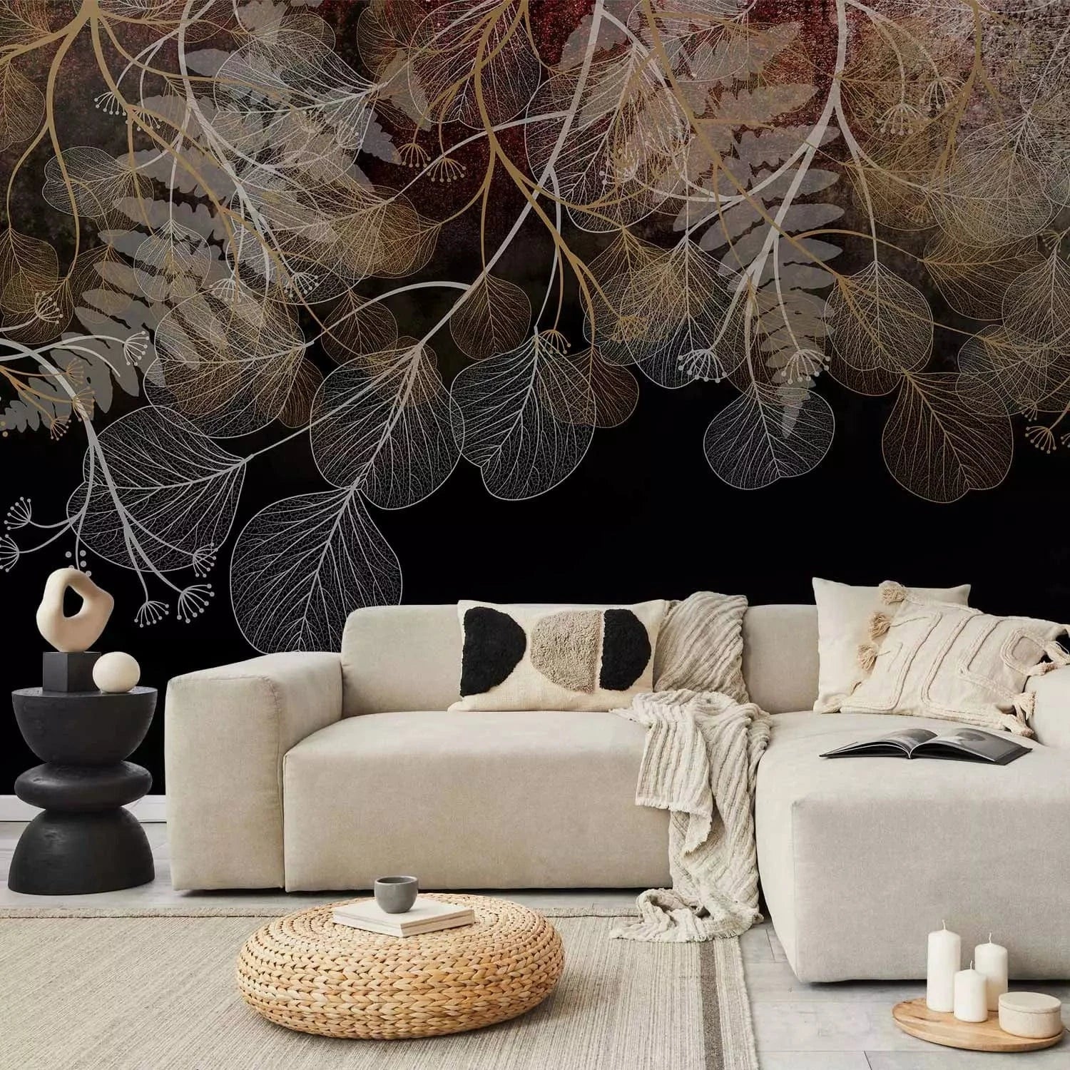 Fototapetes - lapu un ziedu kompozīciju uz melna fona, boho stils G-ART
