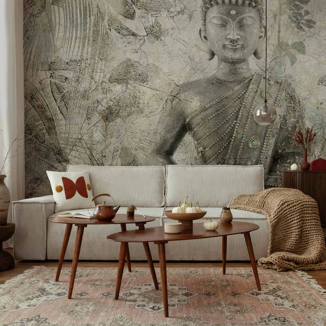 Fototapetes - Buddas attels uz tropiska fona ar lapām, zaļganpelēkā G-ART