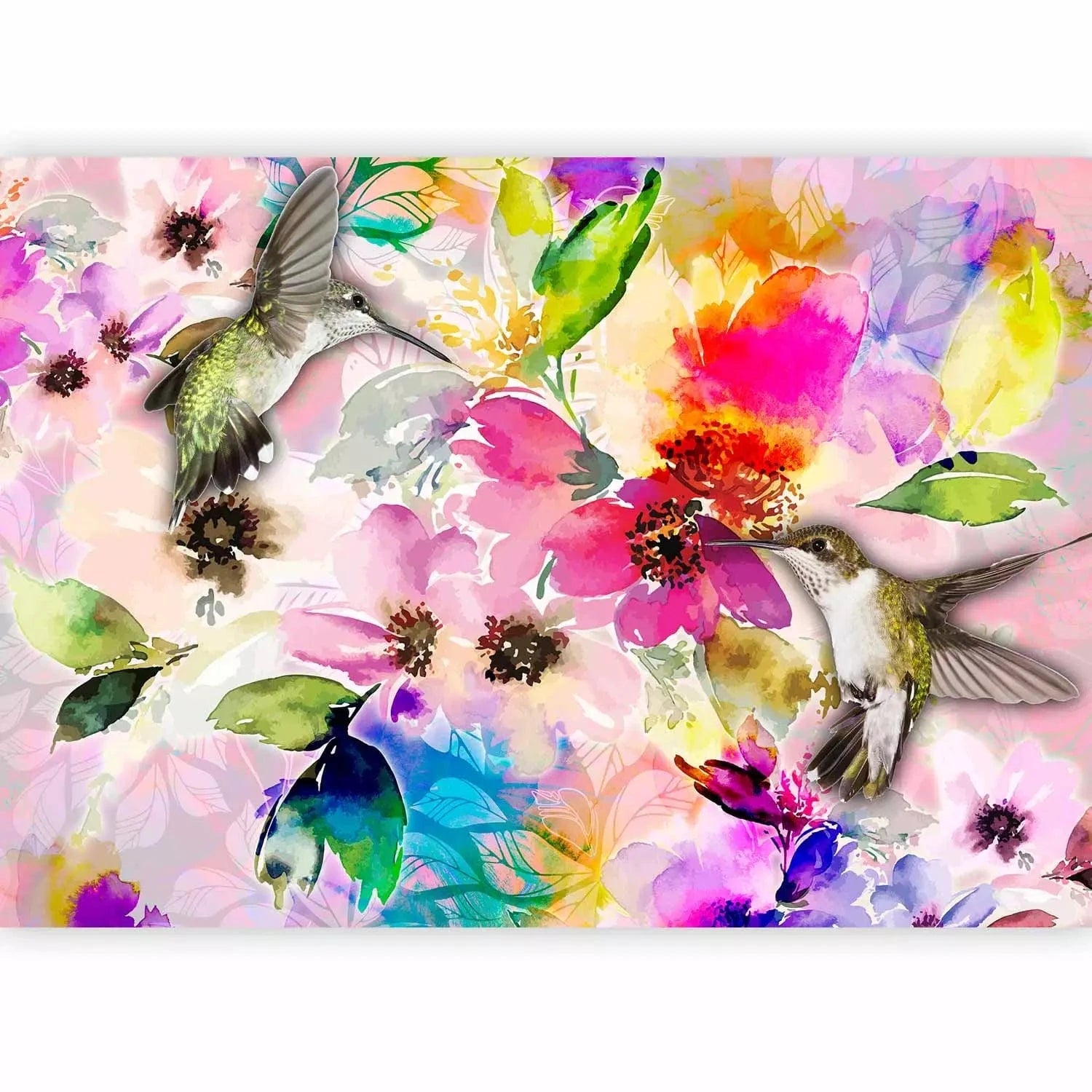 Fototapetes kolibri un stilizētiem ziediem -(daudzkrāsainas) G-ART