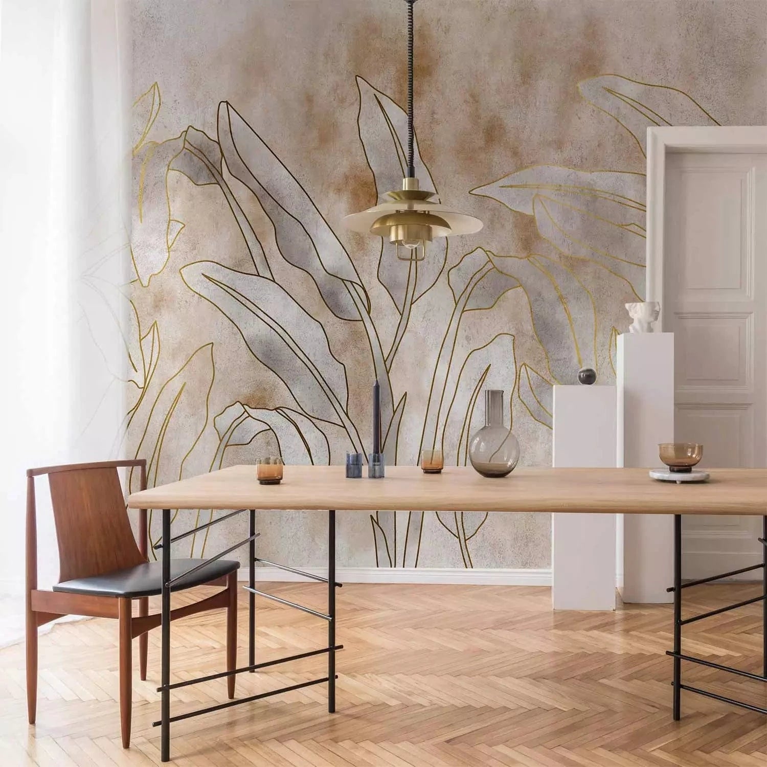 Fototapetes dabas motīvs – lapas ar zelta rakstiem uz akvareļa fona G-ART