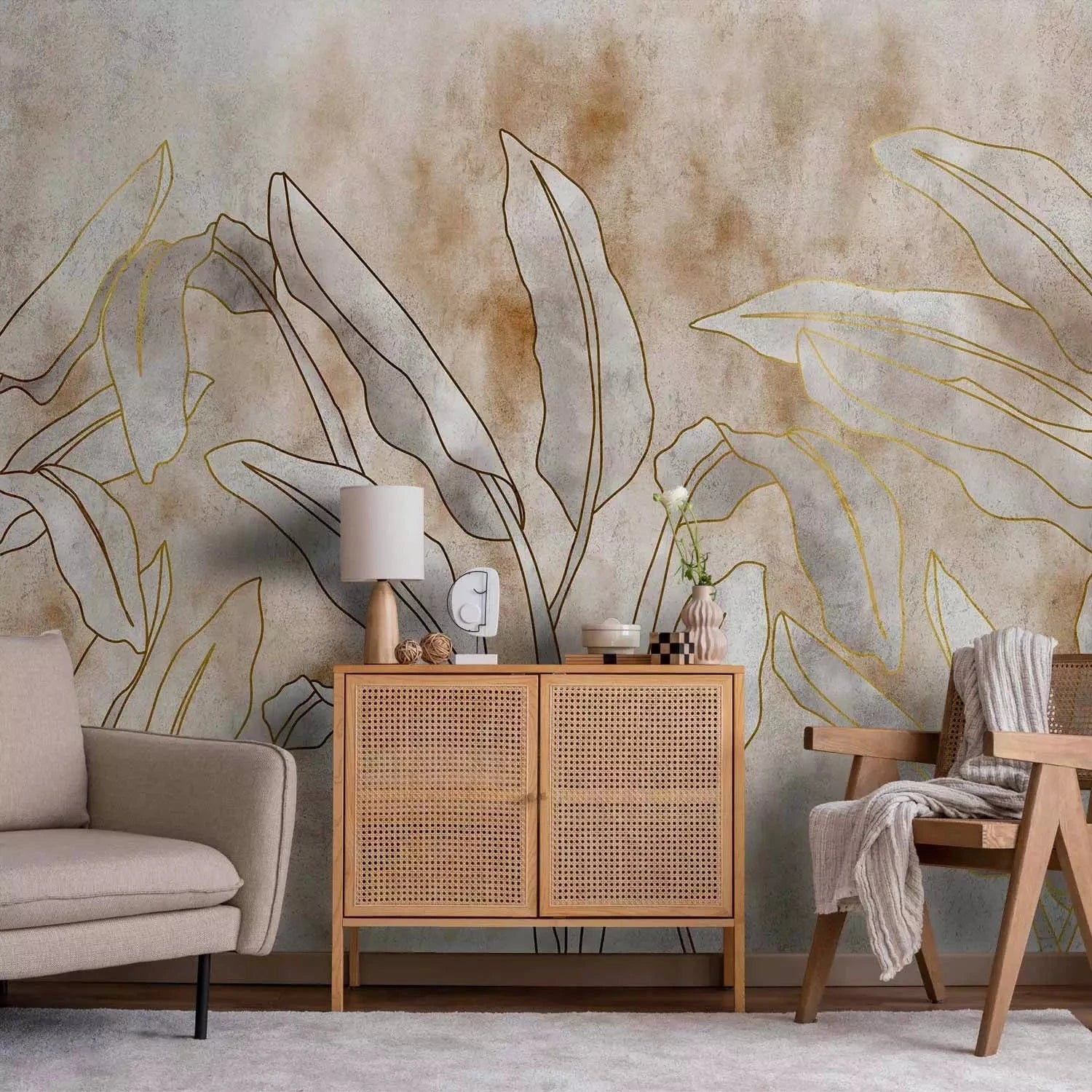 Fototapetes dabas motīvs – lapas ar zelta rakstiem uz akvareļa fona G-ART