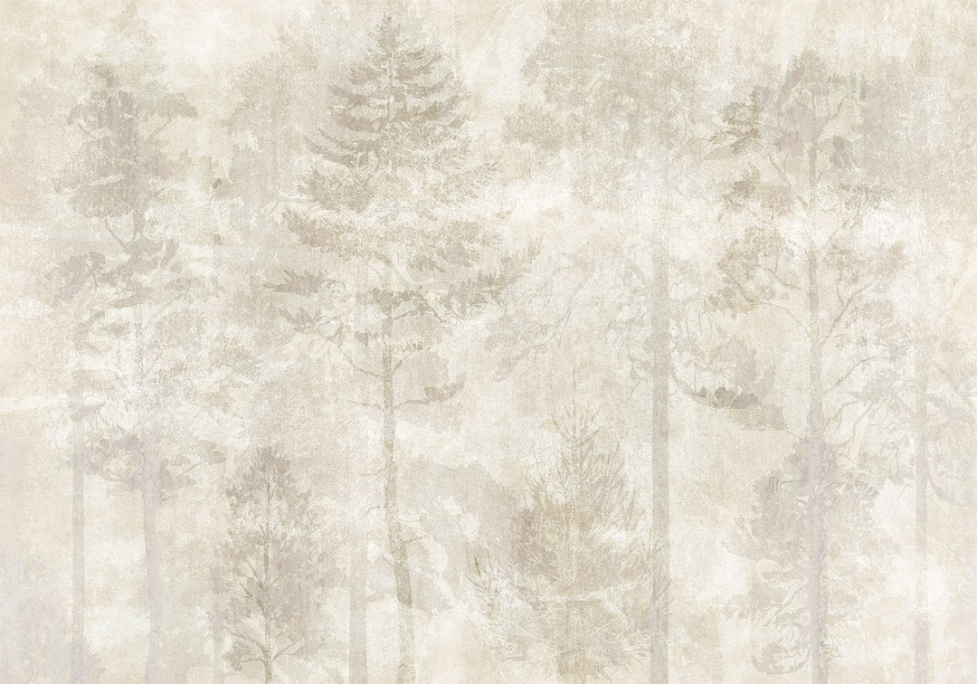 Akvarellityylinen valokuvatapetti usvaisella metsä- ja puumaisemalla antiikkisessa kipsitekstuurissa vaaleissa beigeissä ja hiekan sävyissä