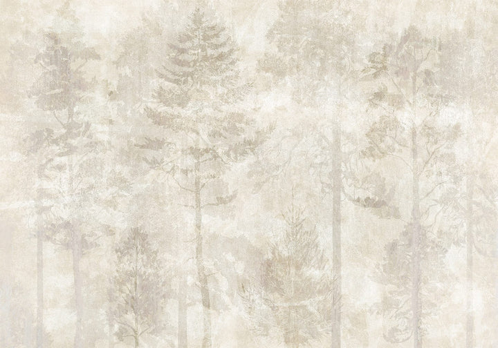 Akvarellityylinen valokuvatapetti usvaisella metsä- ja puumaisemalla antiikkisessa kipsitekstuurissa vaaleissa beigeissä ja hiekan sävyissä