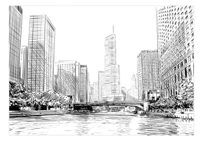 Fototapetes - Debesskrāpji un upe Čikāgā, melnbalts zīmējums, 150571 G-ART