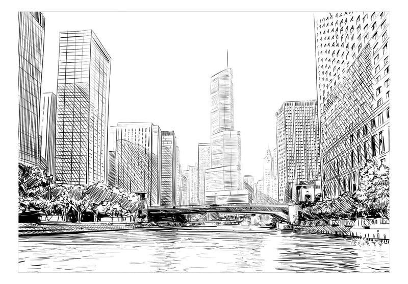 Fototapetes - Debesskrāpji un upe Čikāgā, melnbalts zīmējums, 150571 G-ART
