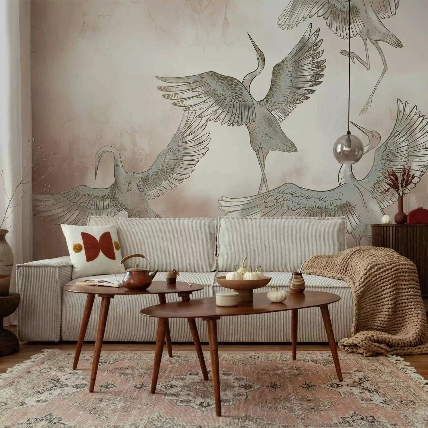 Fototapetes - Dejojošās dzērves rozā toņos - austrumu motīvs G-ART