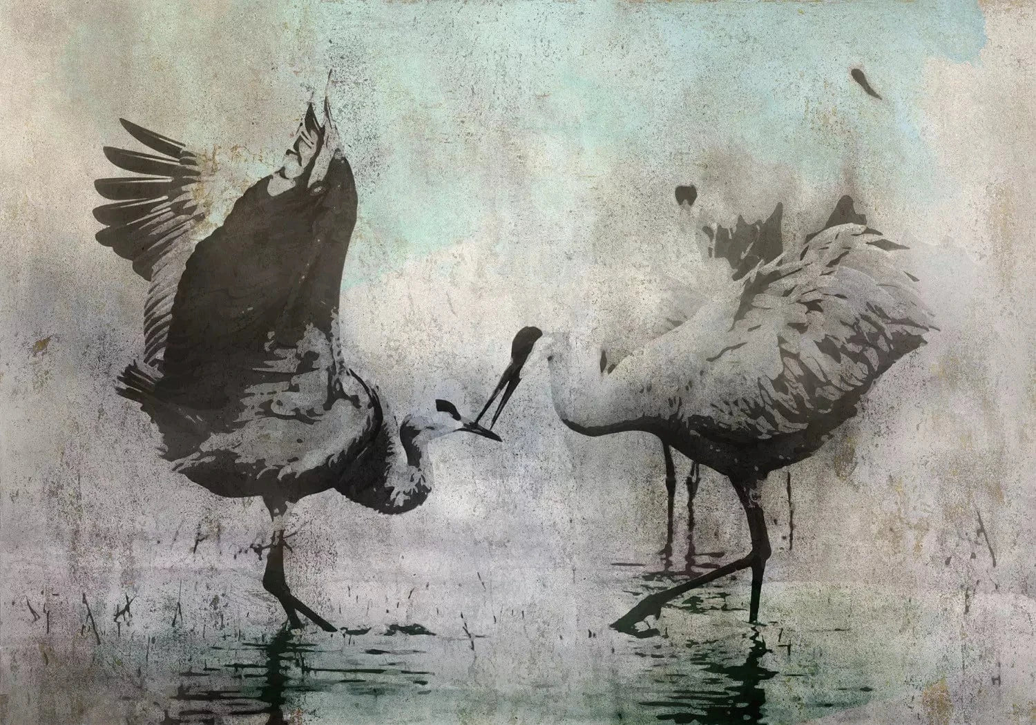 Fototapetes - Dzērvju deja - kompozīcija ar putniem uz pelēka fona G-ART