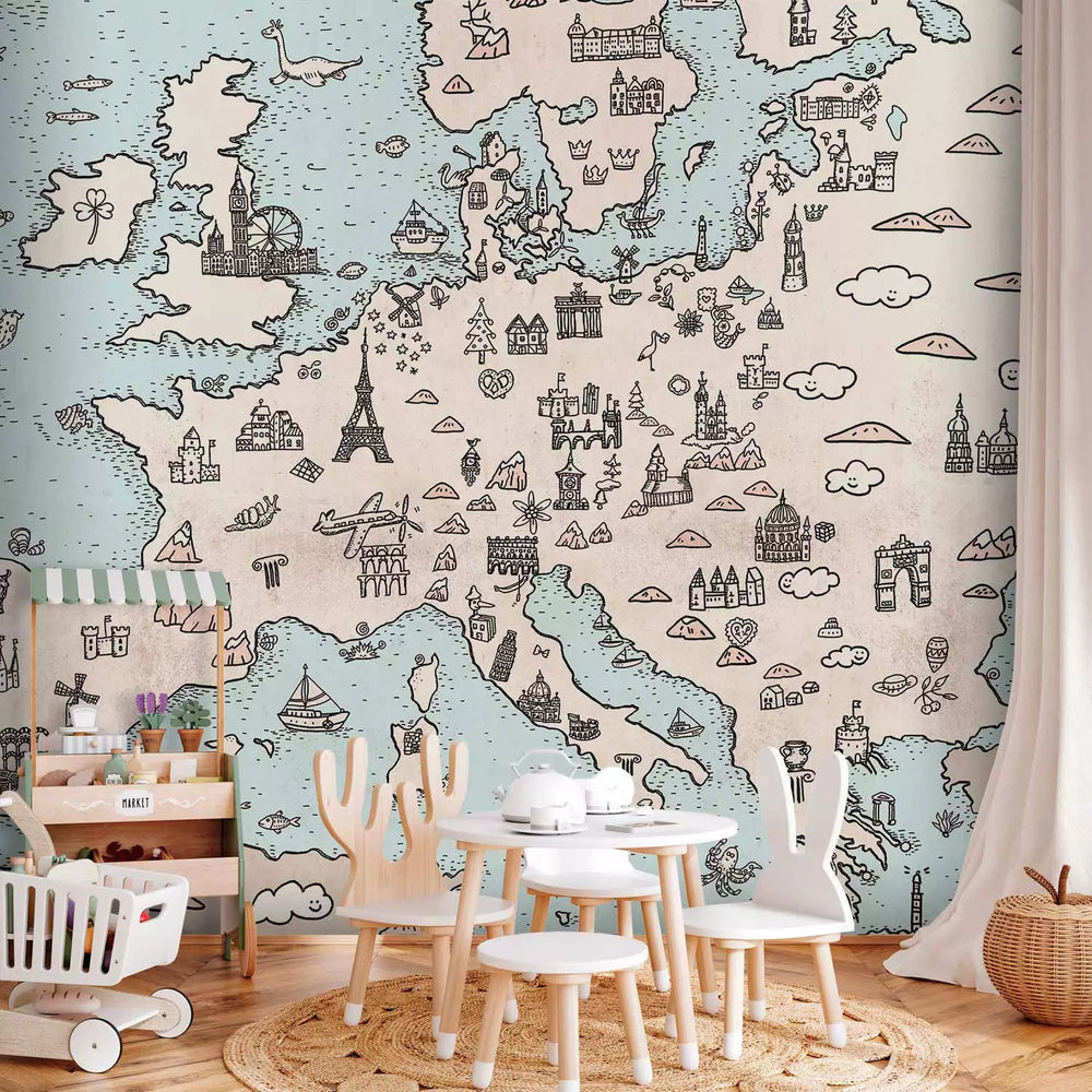 Fototapetes - Eiropas karte bērniem, vietas un tūrisma objekti 🌍 G-ART