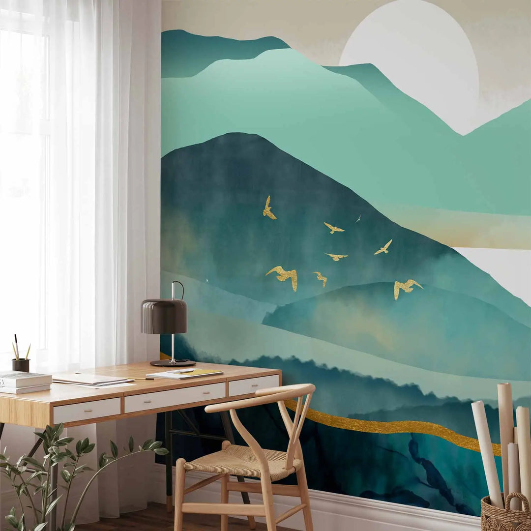 Wall murals - Elegant nature harmony: Abstract mountains in emerald and gold tones, 145753