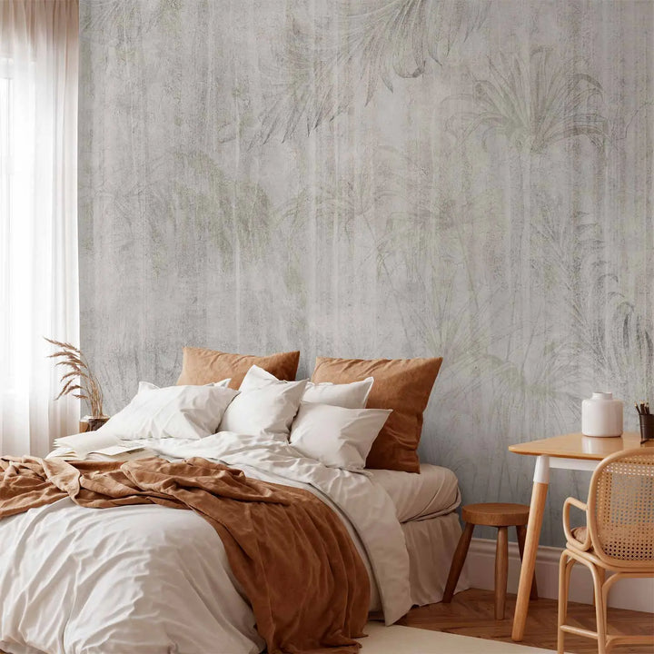 Fototapetes - Gaišs tropu lapu dizains ar betona faktūru, 145205