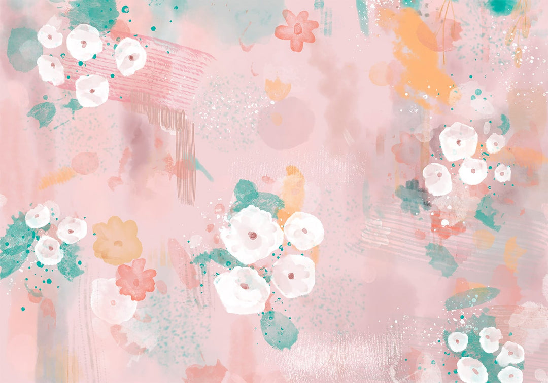Fototapetai – Tapybos gėlės – abstrakti kompozicija ant rožinio fono Tapetenshop.lv