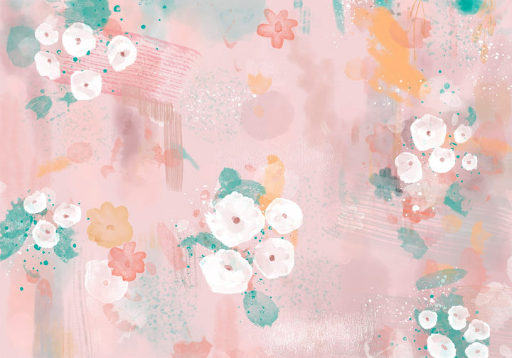 Fototapetai – Tapybos gėlės – abstrakti kompozicija ant rožinio fono Tapetenshop.lv