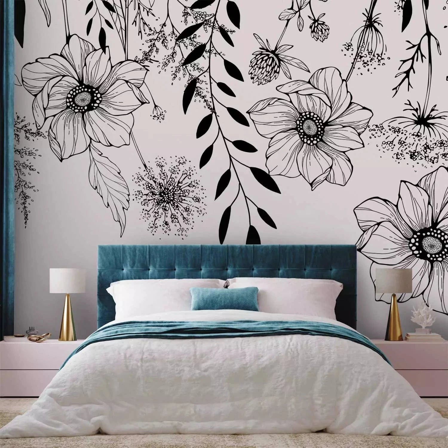 Fototapetes - Grafiskā pļava - melnbalts ziedu motīvs lineart stilā G-ART