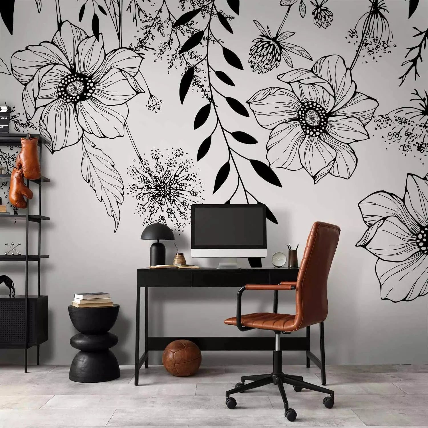 Fototapetes - Grafiskā pļava - melnbalts ziedu motīvs lineart stilā G-ART