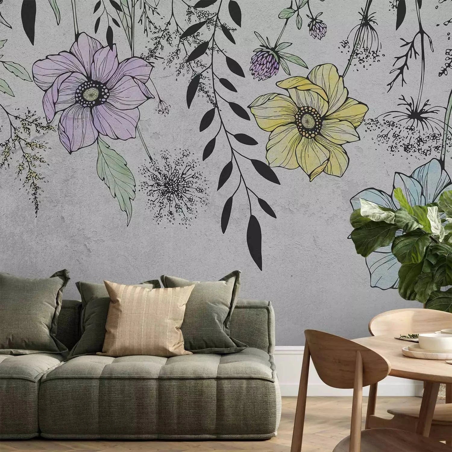 Fototapetes - Grafiskā pļava – ziedu motīvs lineart stilā uz pelēka fona G-ART