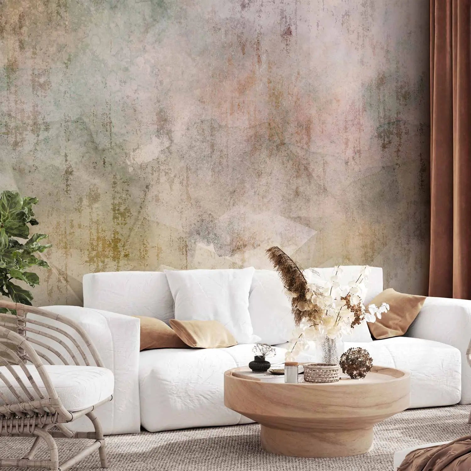 Abstract photo wallpaper with 3D geometric cubes at the bottom and a smoky watercolor texture in green, purple, and earth tones with an artistically aged effect.