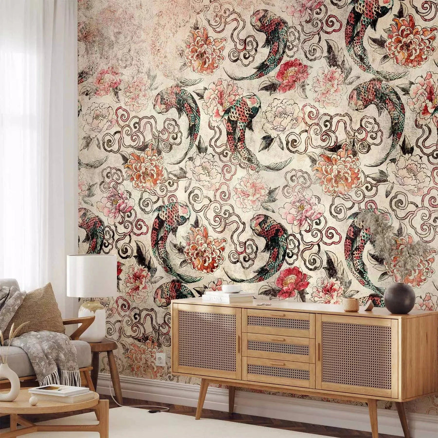 Fototapetes - Japāņu motīvs ar zivīm un ornamentiem - interjeram G-ART
