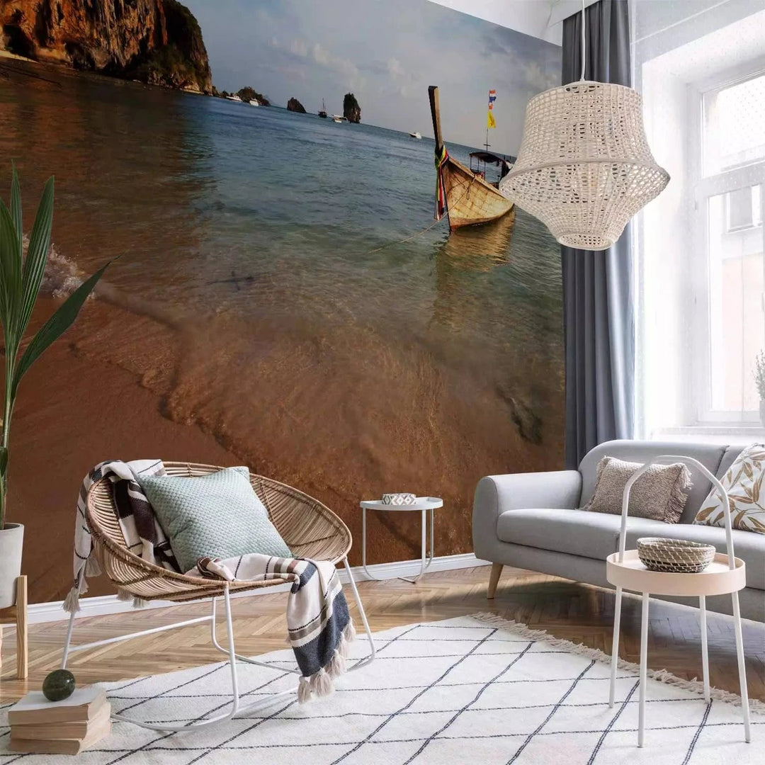 Fototapetes - Jūras ainava ar vientuļu laivu netālu no klintīm G-ART
