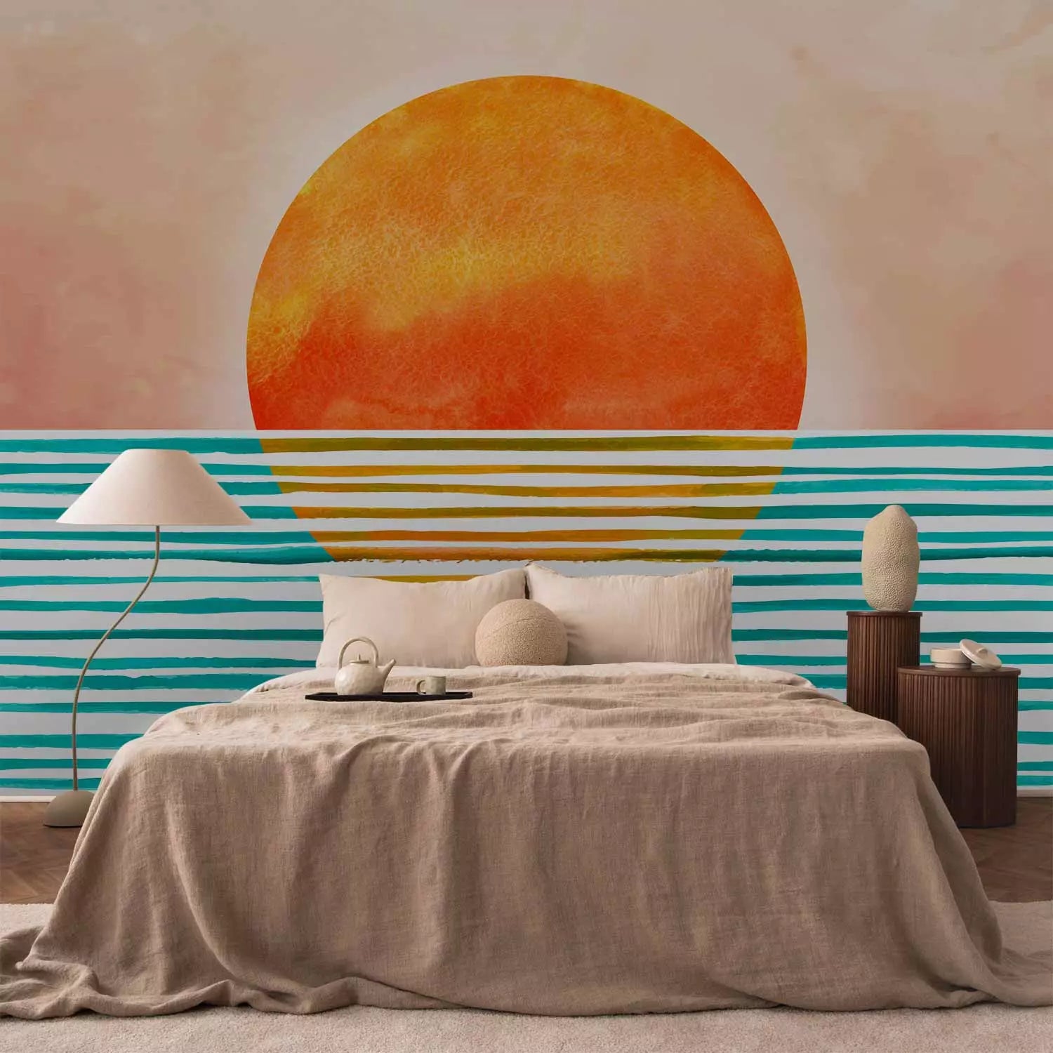 Fototapetes, stilizēta saule - Jūras ainava spilgtās krāsās, oranzā G-ART