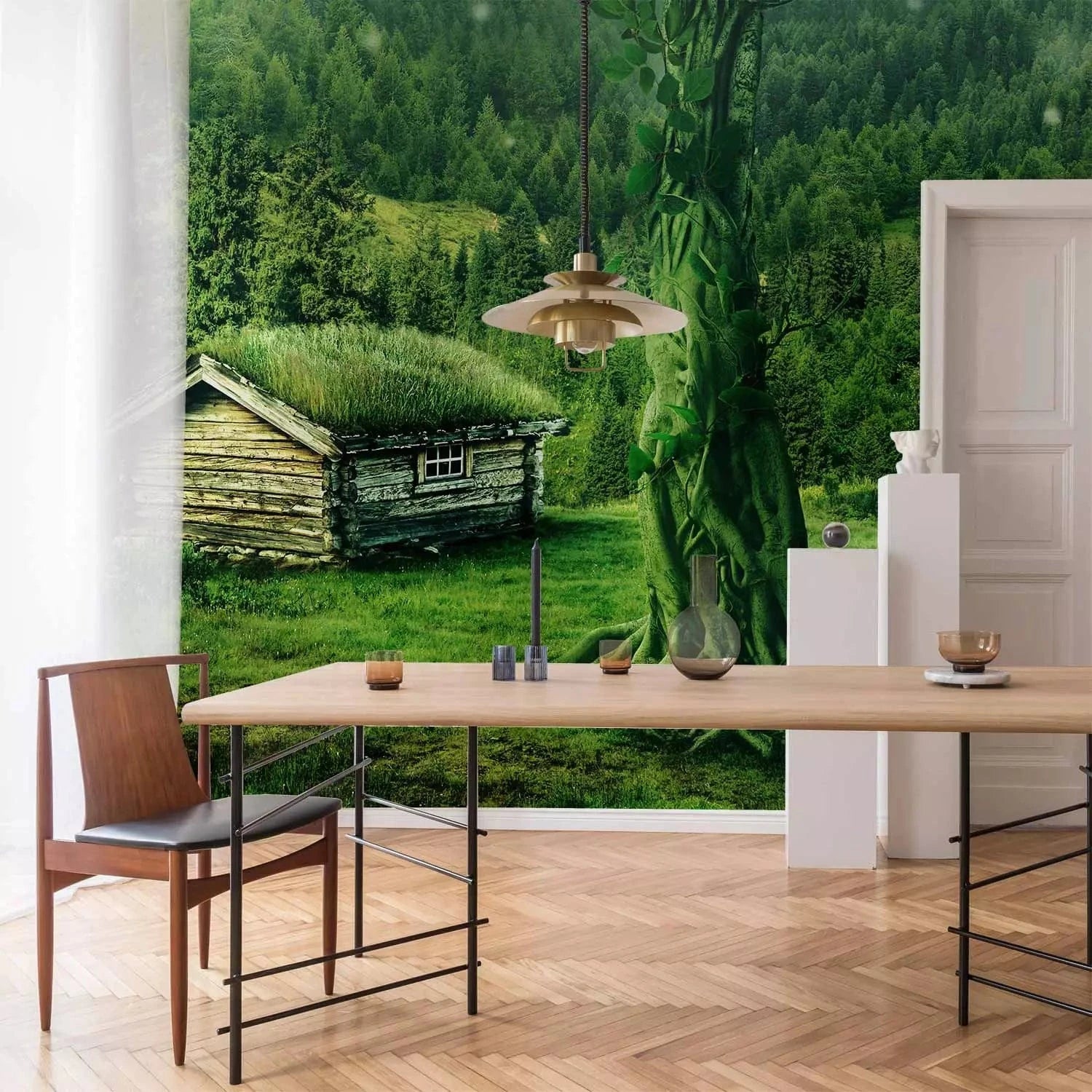 Fototapetes - kalnu ainava ar krāšņu mežu un māju centrā, zaļā G-ART