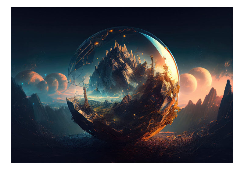 Fototapetes - Kalnu ainava stikla lodē ar planētām, 150679 G-ART