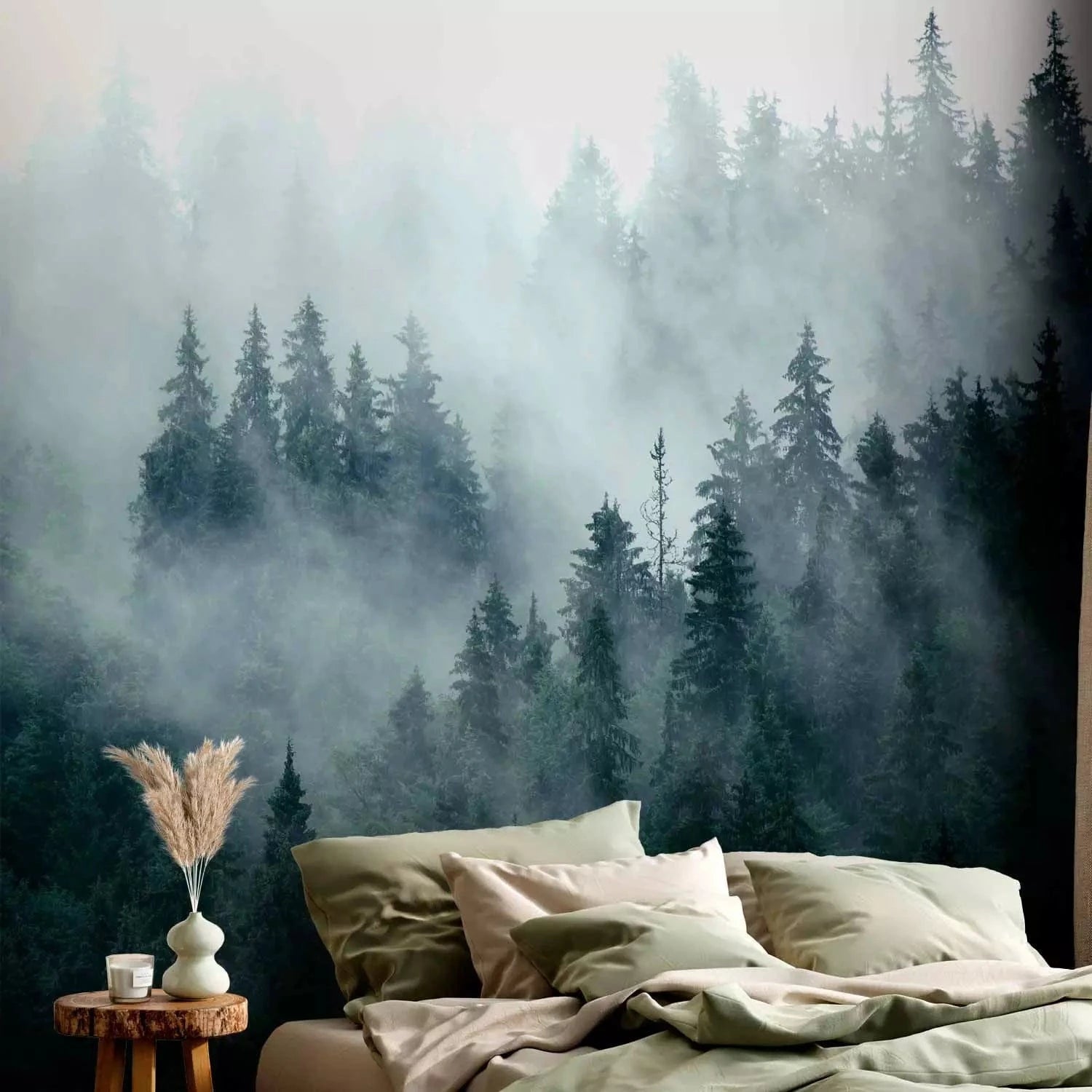 Wall Murals with forested mountains in dark green shades G-ART
