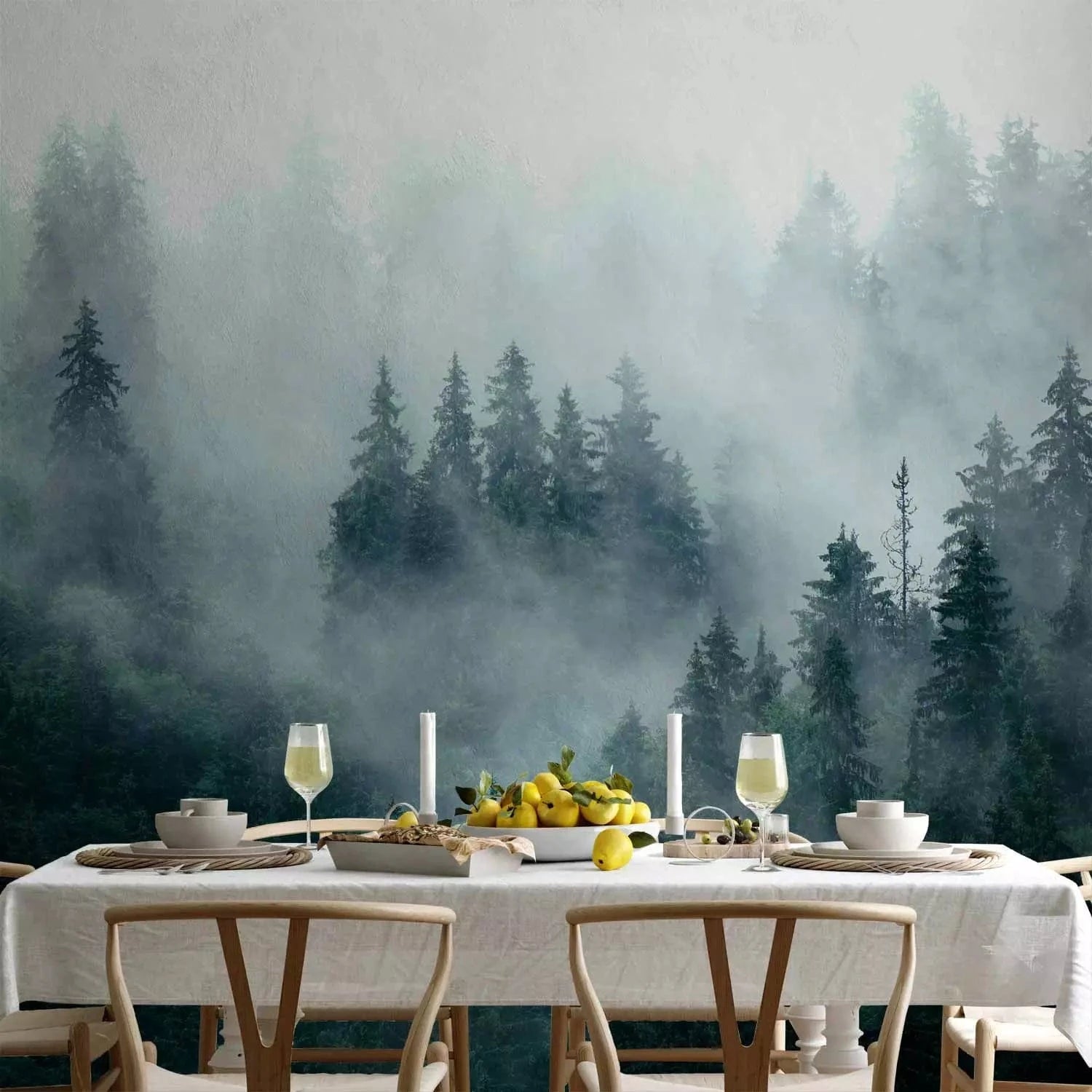 Wall Murals with forested mountains in dark green shades G-ART