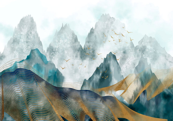 Fototapetes - Kalnu ainava gleznota ar zilu akvareļu un zeltu G-ART