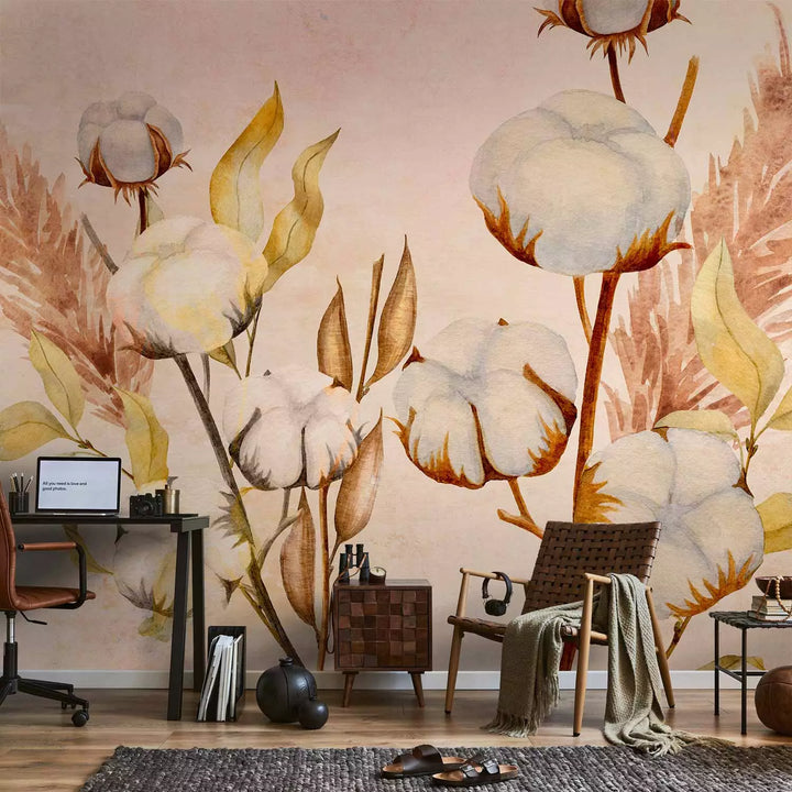 Fototapetes - Kokvilnas ziedi, zariņi un lapas bēšā tonī - 143839 G-ART