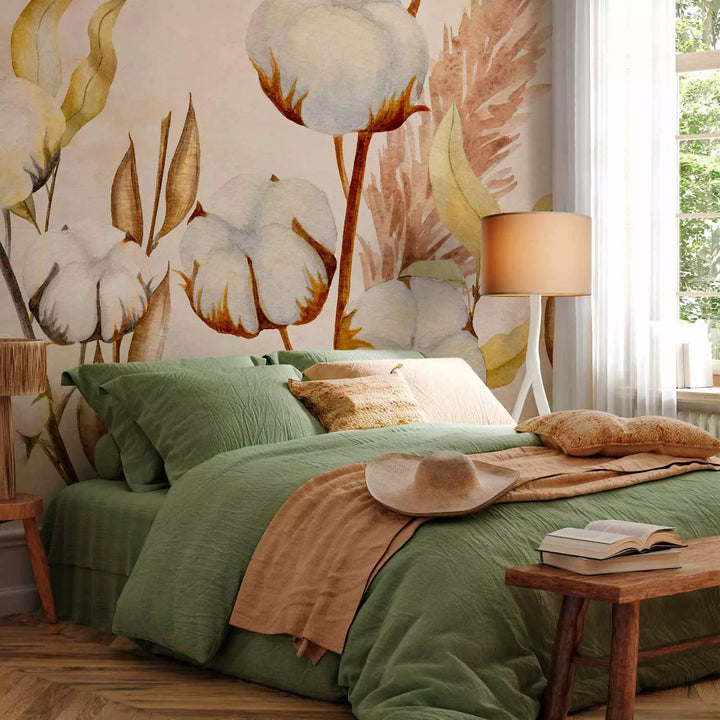 Fototapetes - Kokvilnas ziedi, zariņi un lapas bēšā tonī - 143839 G-ART