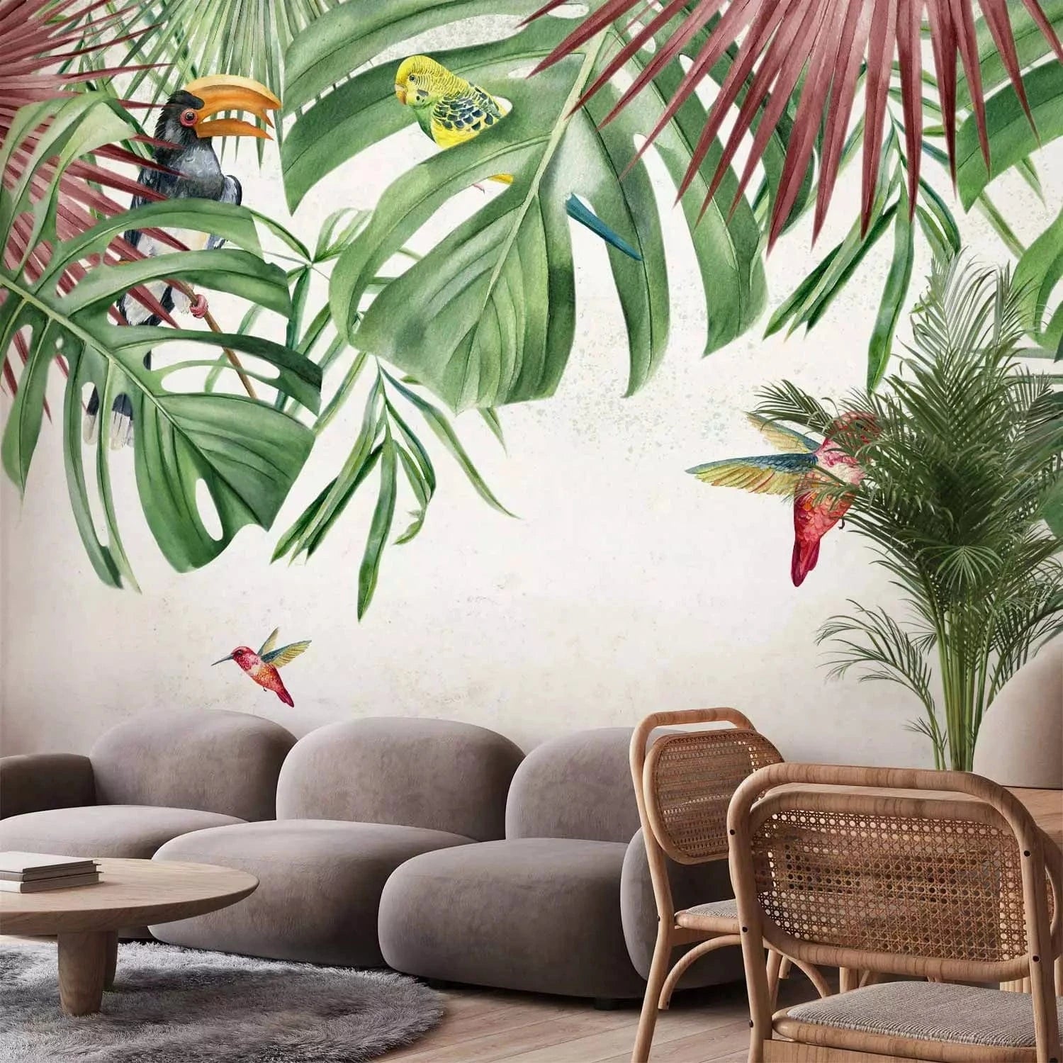 Fototapetes guļamistabai ar kolibri un papagaiļiem - zaļā krāsā G-ART