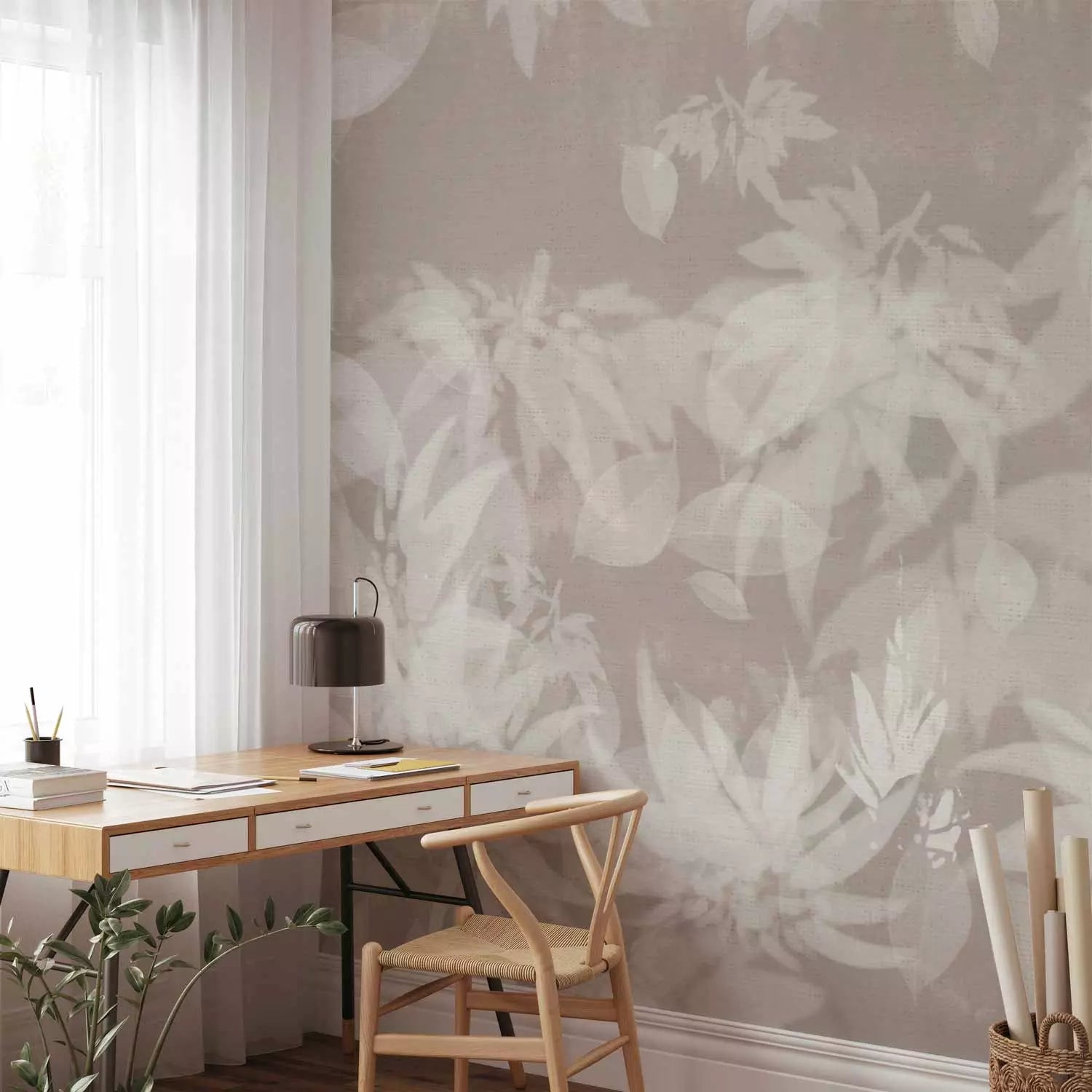 Fototapetes - Kompozīcija ar lapām silti pelēkos toņos, taupe G-ART