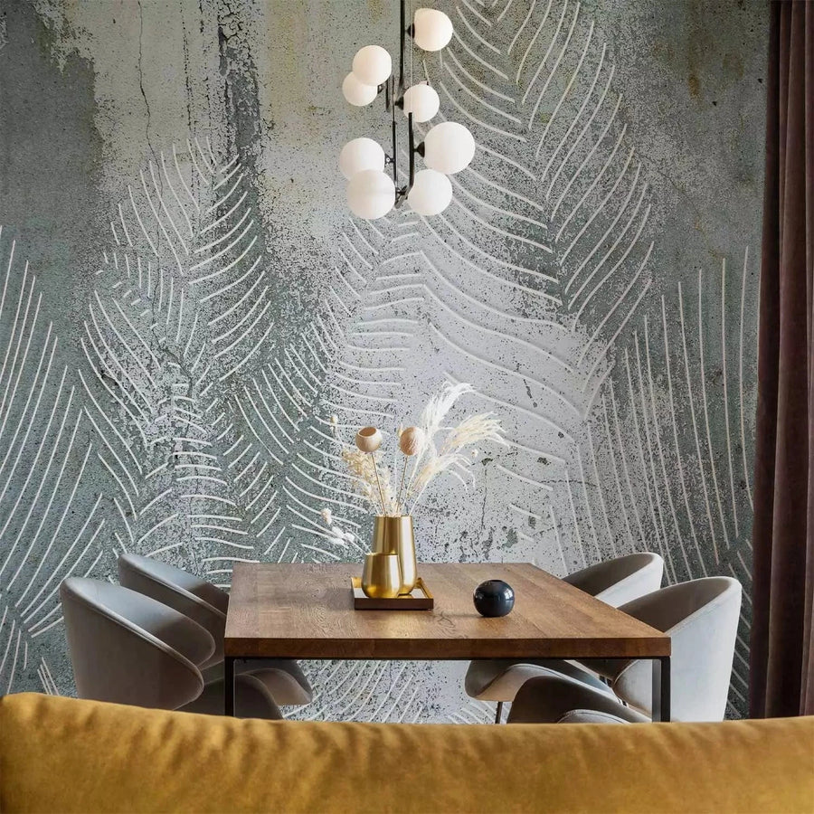Fototapetes - kompozīcija ar tropiskām lapām zaļgani pelēkā krāsā G-ART