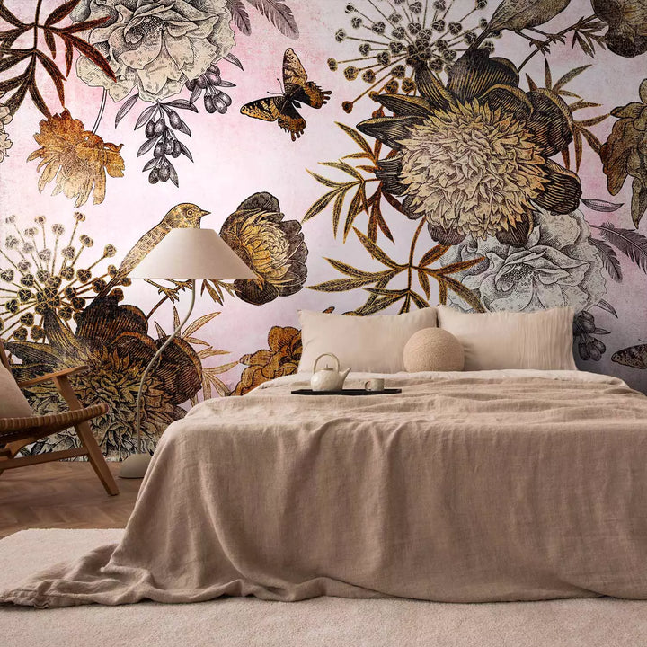 Fototapetes - Kompozīcija ar ziediem, putniem un tauriņiem uz roza fona G-ART