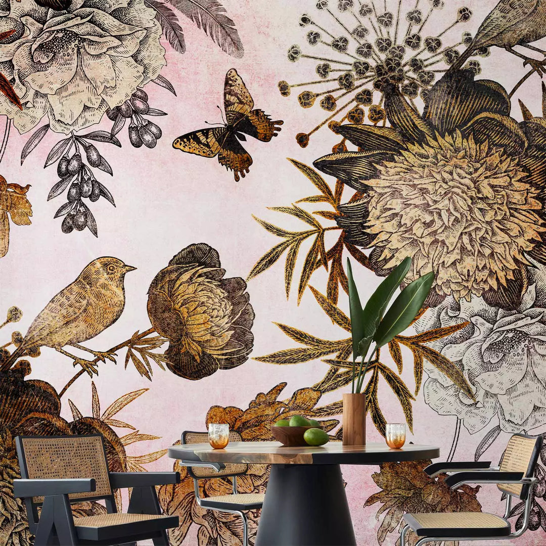 Fototapetes - Kompozīcija ar ziediem, putniem un tauriņiem uz roza fona G-ART