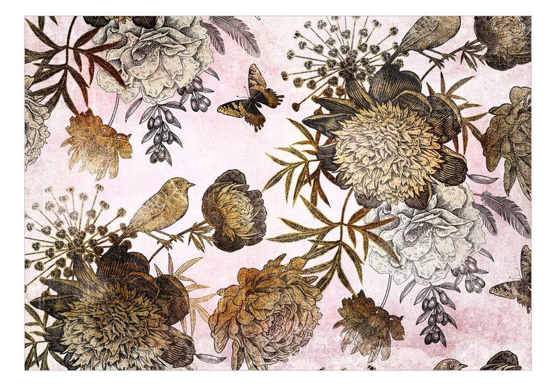 Fototapetes - Kompozīcija ar ziediem, putniem un tauriņiem, 138601 G-ART