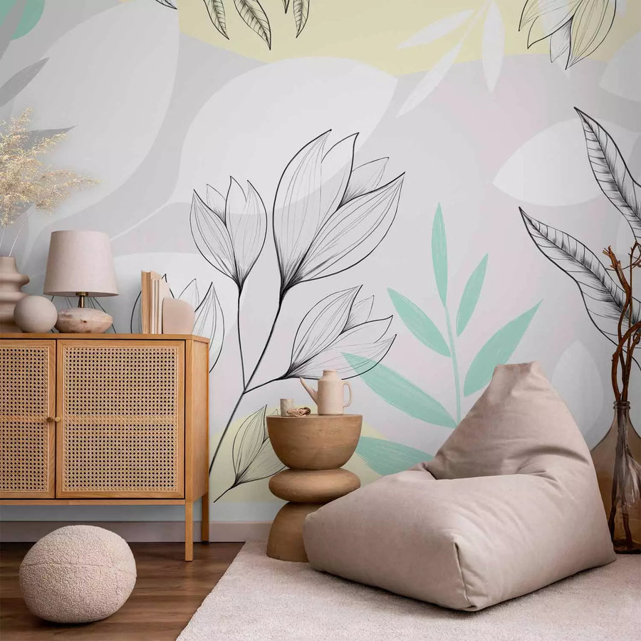 Fototapetes - Ziedie un lapas baltā un pelēkā krāsā un dzeltenā G-ART