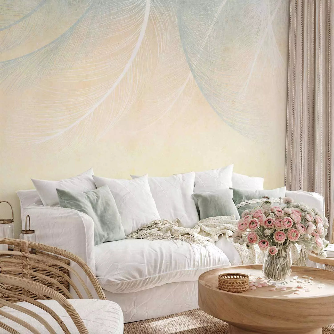 Fototapetes - kompozīciju spalvām uz dzeltena fona - 143787 G-ART